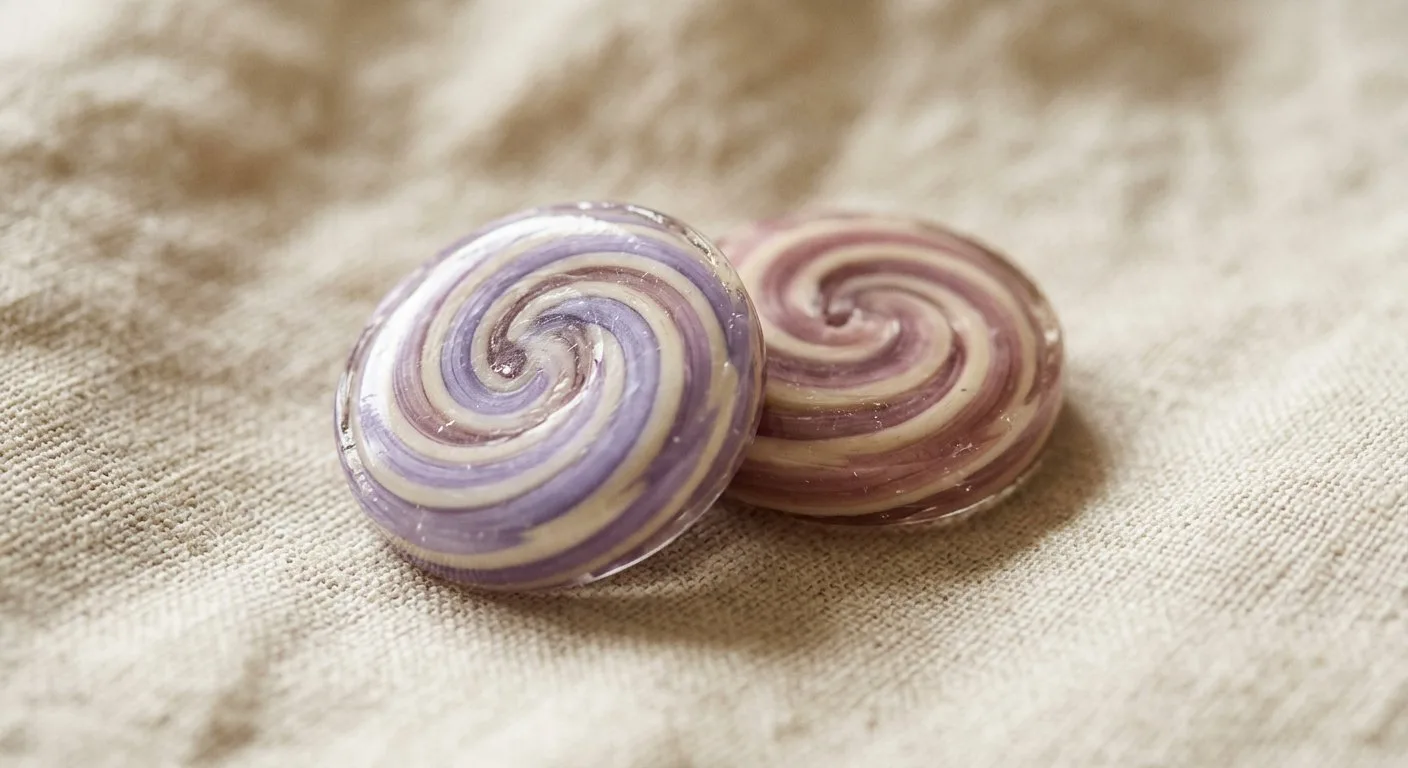 Two lavender and cream spiral hard candies in soft purple and vanilla tones on ivory linen