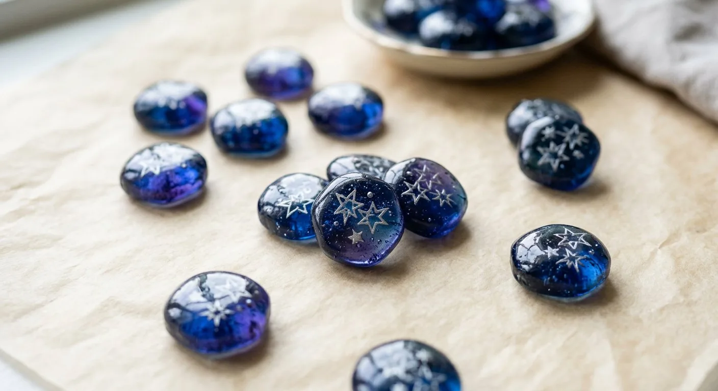 Small midnight blue and violet hard candies with pale silver star-shaped patterns inside, scattered on ivory parchment