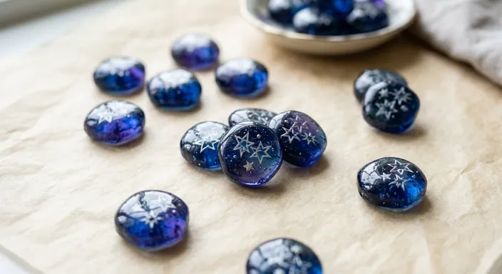 Small glossy midnight blue and violet hard candies with pale silver star-shaped filigree patterns, scattered on ivory parchment