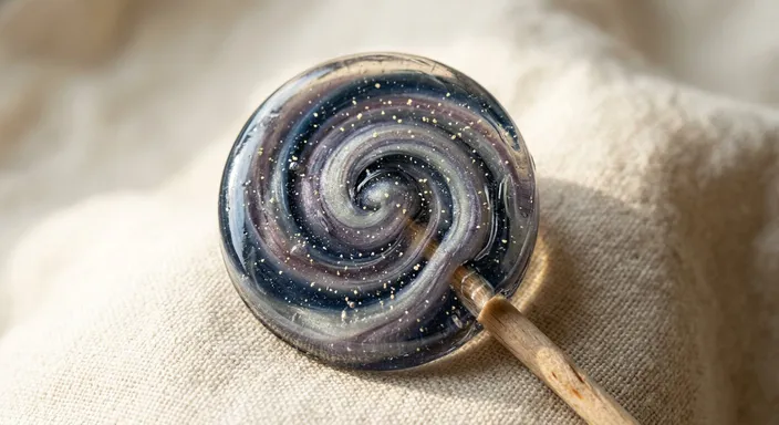 Round handmade lollipop with deep navy, violet and pearlescent white swirls dusted with tiny gold flecks, resting on ivory linen