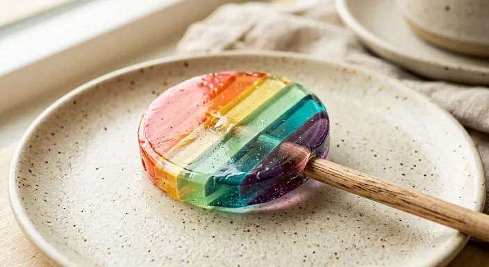 Round lollipop with crisp diagonal bands of coral, tangerine, lemon, mint, teal and violet translucent candy