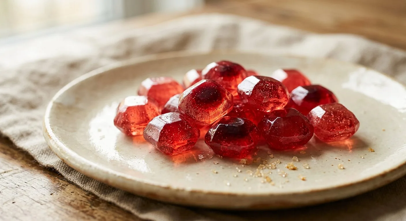Pile of glossy ruby red handmade hard candies with faceted surfaces on warm ivory ceramic