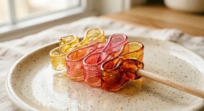 Ribbon-shaped hard candy lollipop striped in burnt orange, coral, rose pink and golden yellow on a cream ceramic plate